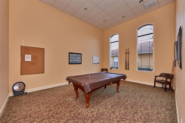 rec room with carpet flooring, billiards, and a drop ceiling