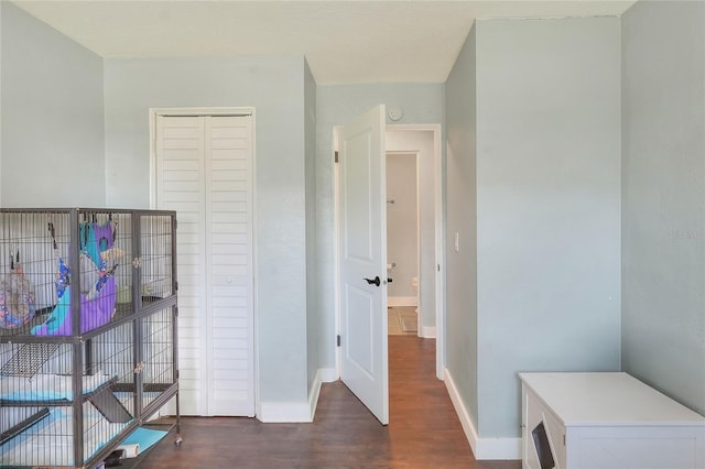 bedroom featuring wood finished floors, baseboards, and a closet