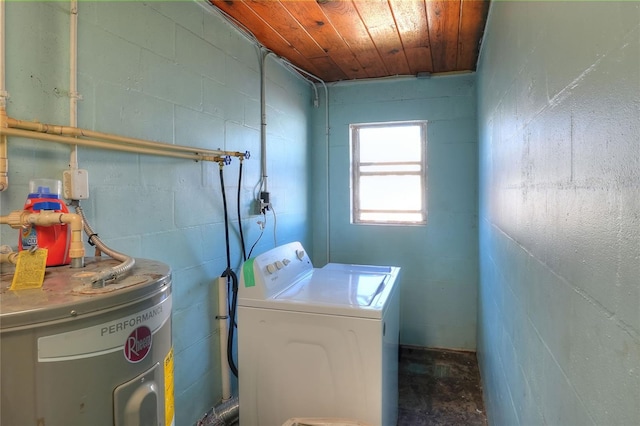 laundry room featuring washer / dryer, wood ceiling, and water heater