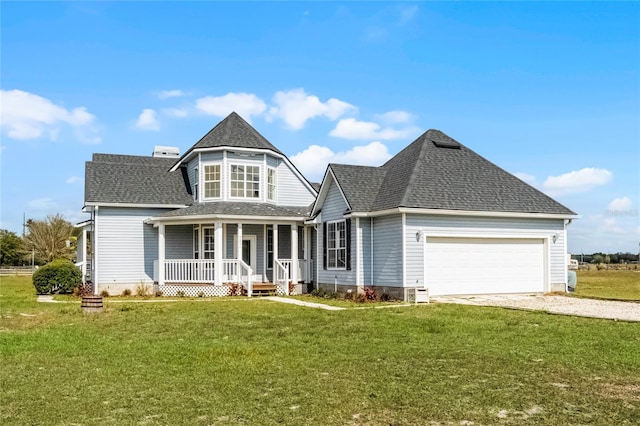 view of front of home featuring a garage, a porch, and a front yard