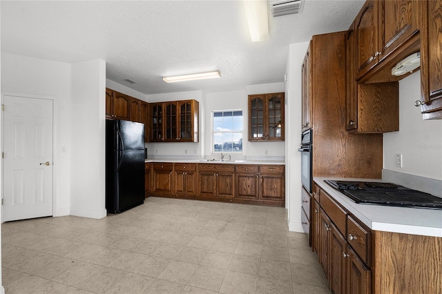 kitchen featuring sink, a textured ceiling, and black appliances