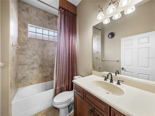 bathroom featuring vanity, shower / bath combination with curtain, toilet, and tile patterned floors