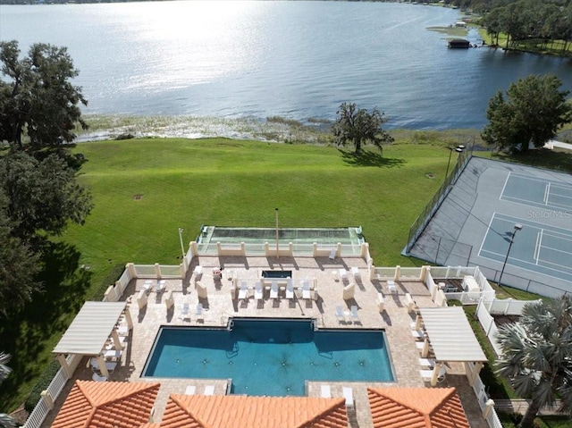 drone / aerial view featuring a water view