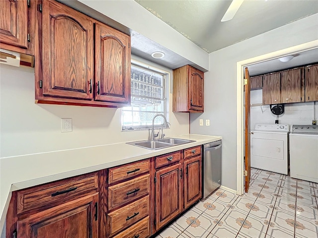 221 Dorothy St, Auburndale, FL 33823 - kitchen featuring stainless steel dishwasher, light countertops, independent washer and dryer, light floors, and a ceiling fan