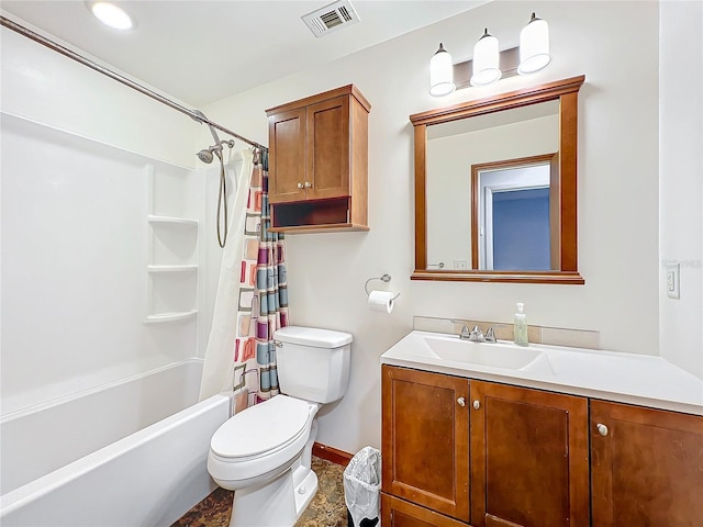 full bathroom featuring vanity, shower / bath combination with curtain, and toilet