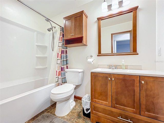 full bathroom featuring shower / tub combo, vanity, and toilet