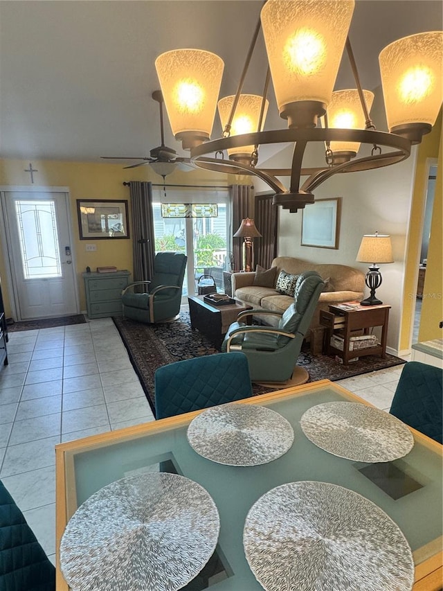 tiled living room featuring ceiling fan