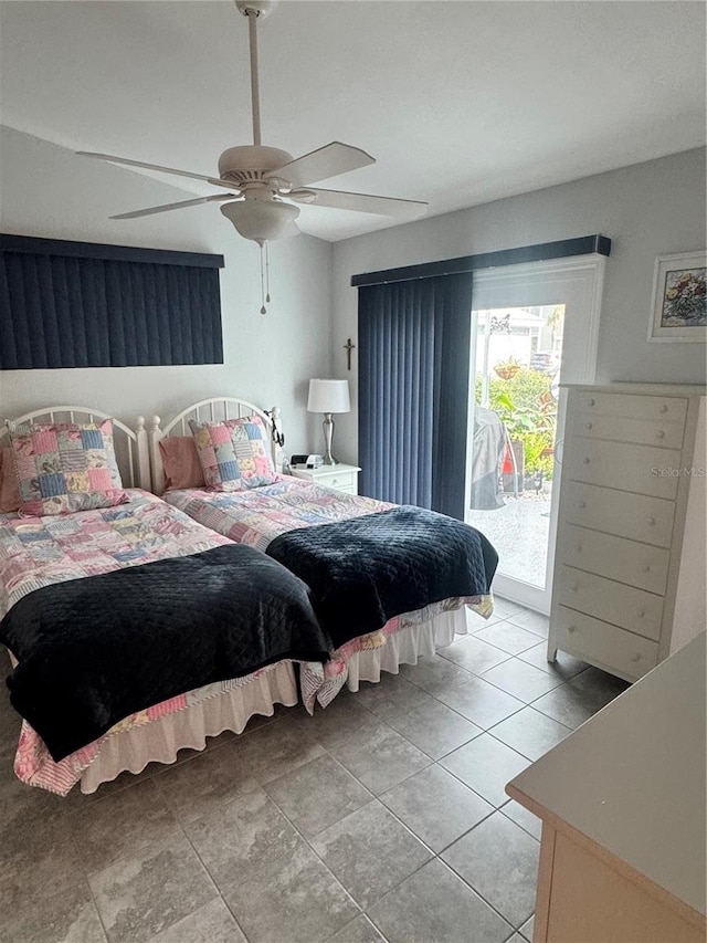 bedroom with light tile patterned floors, access to outside, and ceiling fan