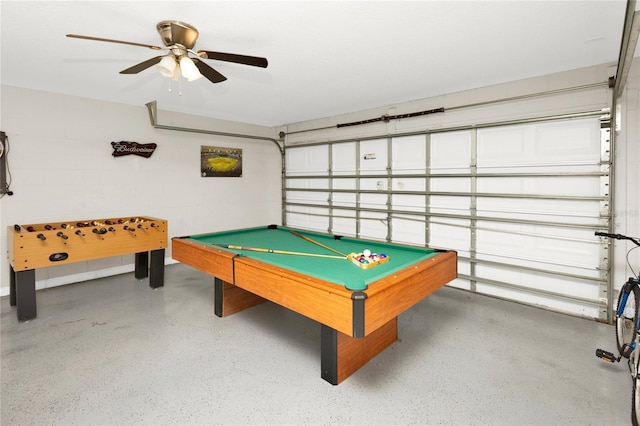 recreation room with ceiling fan and billiards