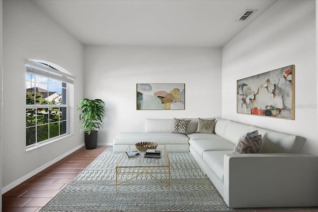 living room featuring dark wood-type flooring