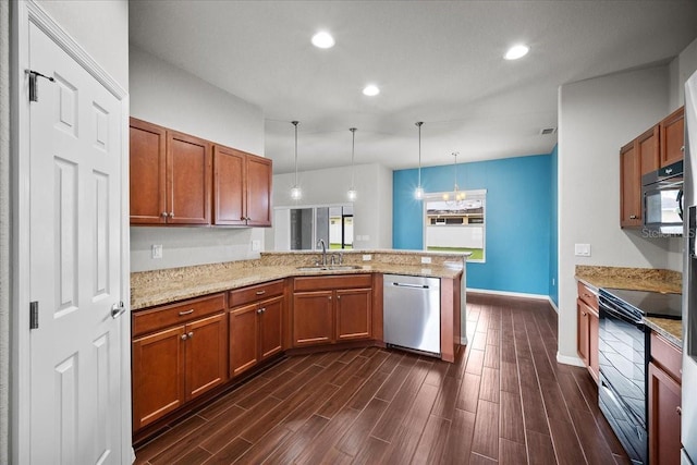 kitchen with pendant lighting, dark wood-type flooring, dishwasher, black electric range, and kitchen peninsula