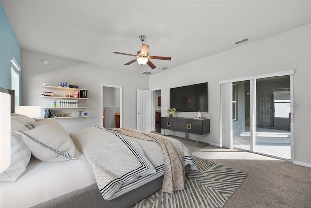 carpeted bedroom with ceiling fan, access to exterior, ensuite bath, and multiple windows