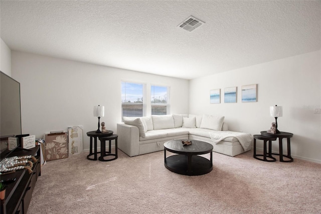 living room with light colored carpet and a textured ceiling