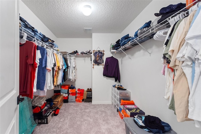 walk in closet with light carpet