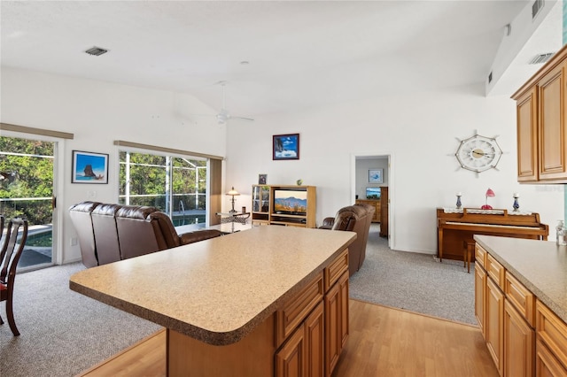 kitchen featuring a center island, light hardwood / wood-style floors, a wealth of natural light, and ceiling fan