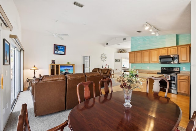 dining area with lofted ceiling, track lighting, ceiling fan, and a healthy amount of sunlight