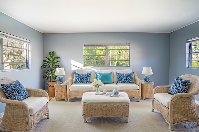 living room with light colored carpet