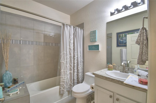 1644 Linz Ct, Winter Haven, FL 33884 - bathroom with toilet, a textured wall, vanity, and shower / tub combo with curtain