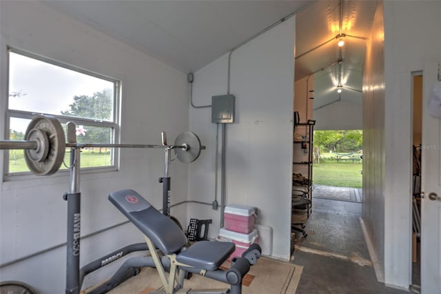 exercise area featuring vaulted ceiling