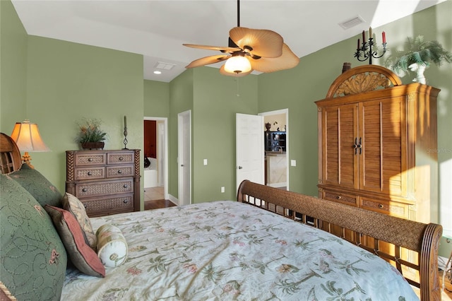 bedroom with connected bathroom and ceiling fan