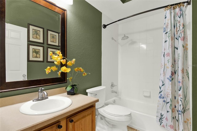 full bathroom with vanity, toilet, and shower / bath combo with shower curtain