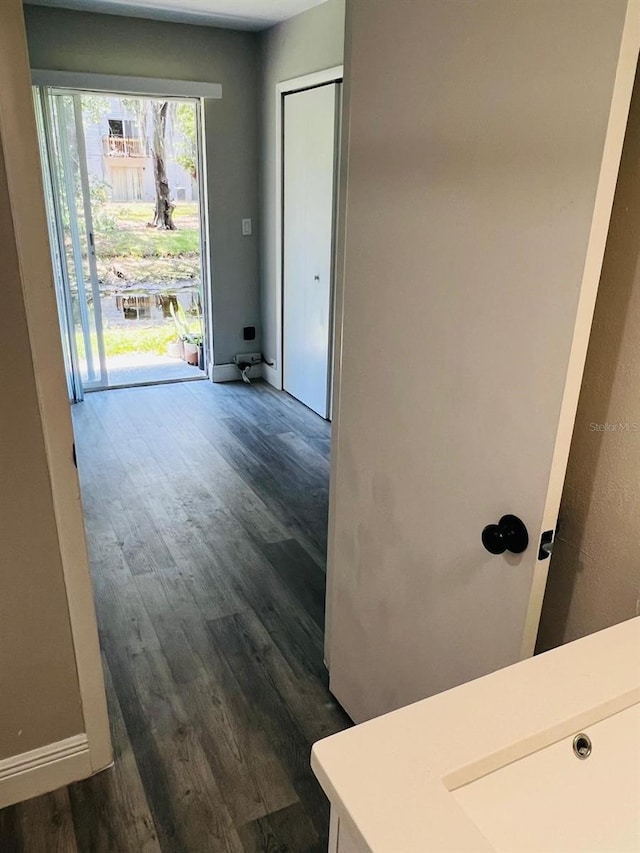 corridor featuring dark wood-type flooring and sink