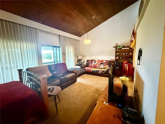 2115 Corner Lake Dr Unit E, Haines City, FL 33844 - living area featuring carpet flooring, wooden ceiling, and vaulted ceiling