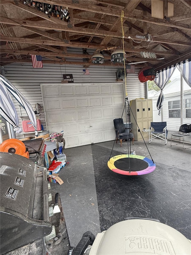 garage with a trampoline