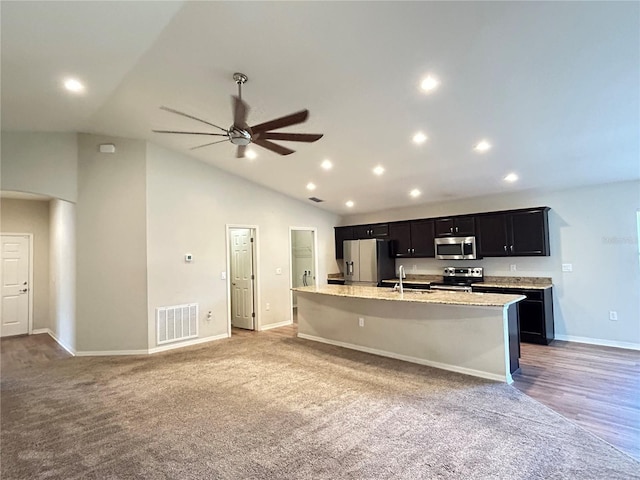 kitchen featuring appliances with stainless steel finishes, ceiling fan, vaulted ceiling, sink, and a kitchen island with sink