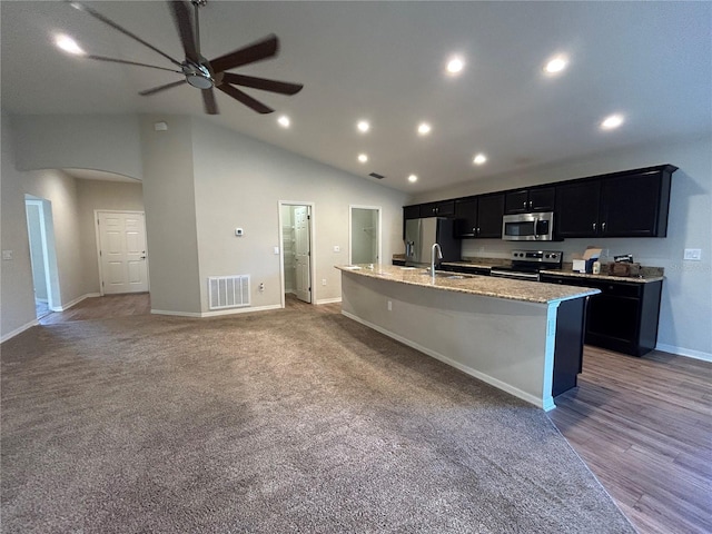 kitchen with a center island with sink, light stone countertops, sink, ceiling fan, and appliances with stainless steel finishes