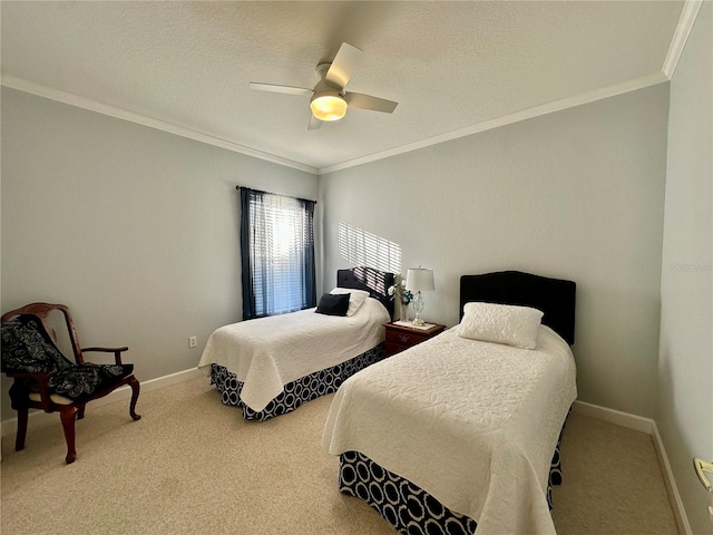 bedroom with carpet flooring, ceiling fan, ornamental molding, and a textured ceiling