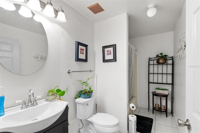 full bathroom with tile patterned floors, vanity, toilet, and shower / bathtub combination with curtain