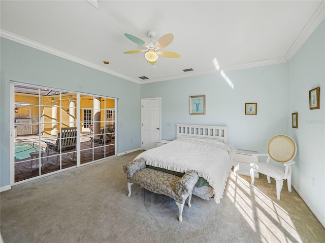 bedroom featuring carpet, ceiling fan, and ornamental molding