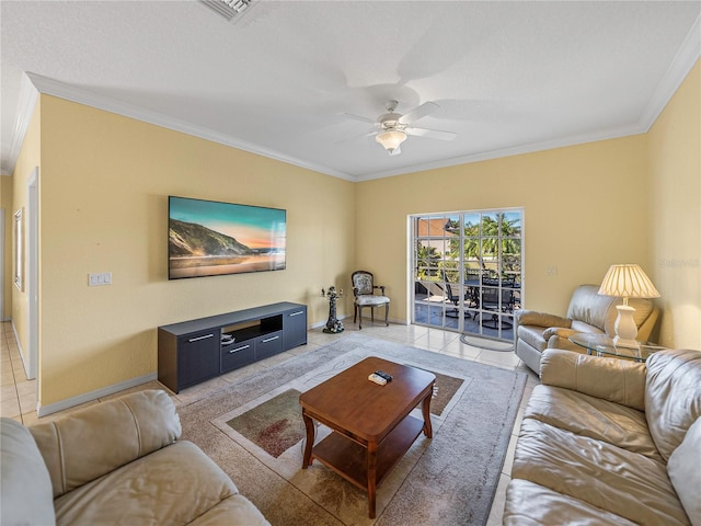 tiled living room featuring ceiling fan and ornamental molding