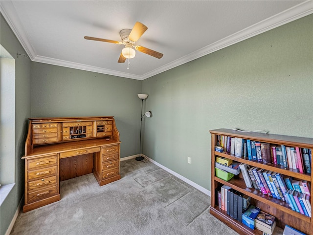 office area with light colored carpet, ceiling fan, and crown molding