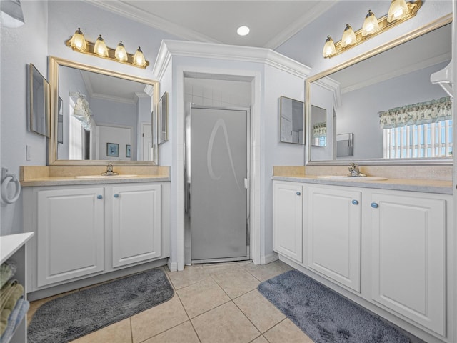 bathroom with tile patterned floors, an enclosed shower, and ornamental molding