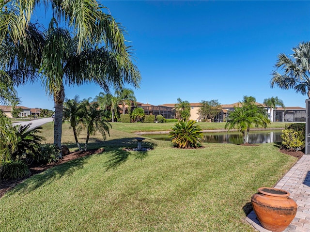 view of yard with a water view