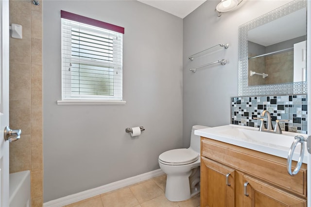 full bathroom featuring decorative backsplash, vanity, tile patterned flooring, toilet, and tiled shower / bath