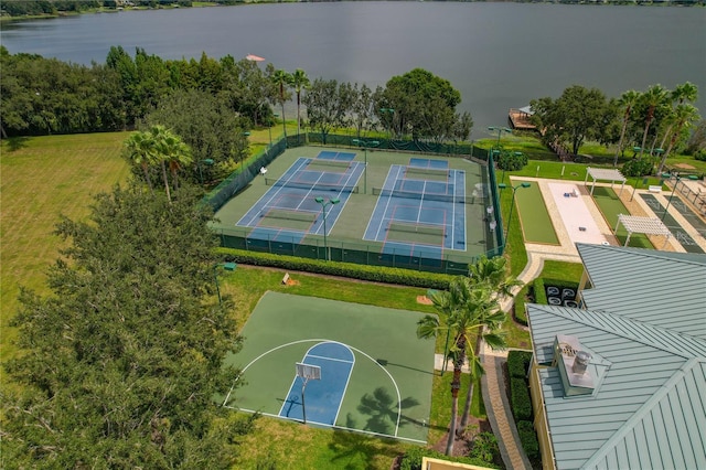 bird's eye view with a water view