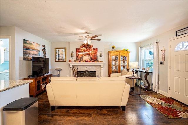 living room featuring ceiling fan and dark wood-type flooring