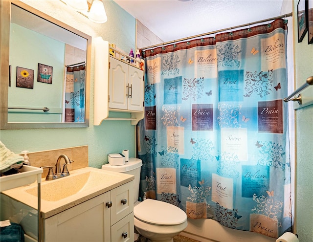 full bathroom with vanity, toilet, and shower / bathtub combination with curtain