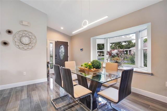 dining room with lofted ceiling and dark wood-type flooring