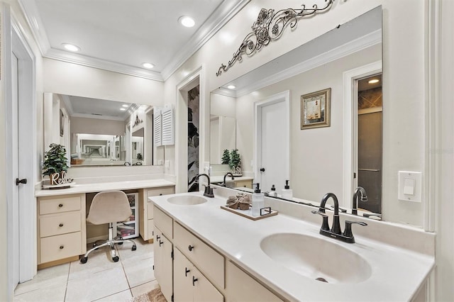 bathroom featuring ornamental molding, tile patterned flooring, a sink, and double vanity