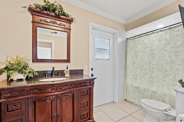 bathroom with ornamental molding, tile patterned flooring, vanity, and a shower with shower curtain