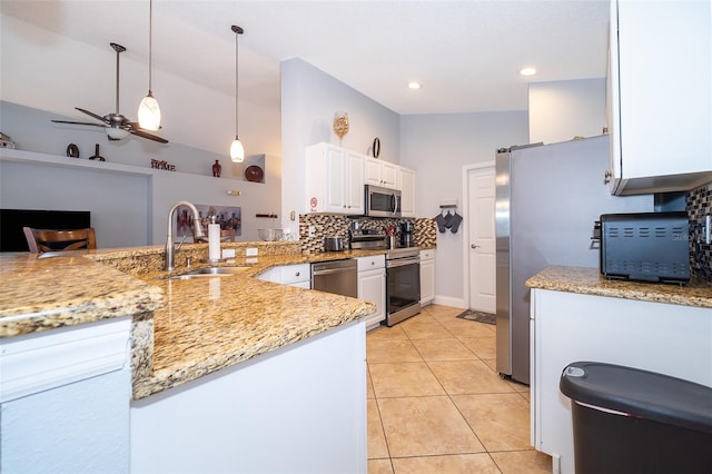 kitchen featuring sink, kitchen peninsula, pendant lighting, white cabinets, and appliances with stainless steel finishes