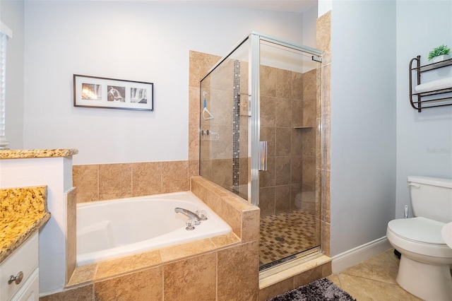 full bathroom featuring tile patterned flooring, vanity, independent shower and bath, and toilet