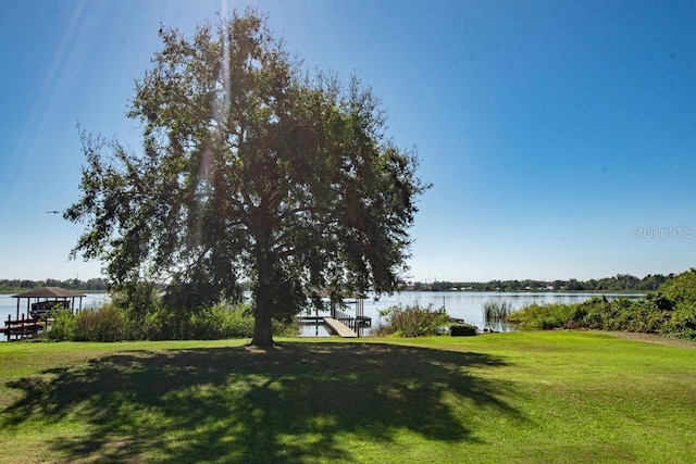 view of yard featuring a water view and a dock