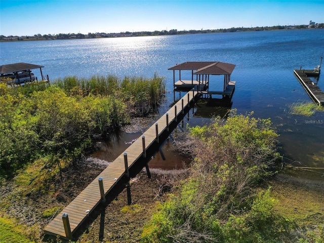 view of dock featuring a water view and boat lift