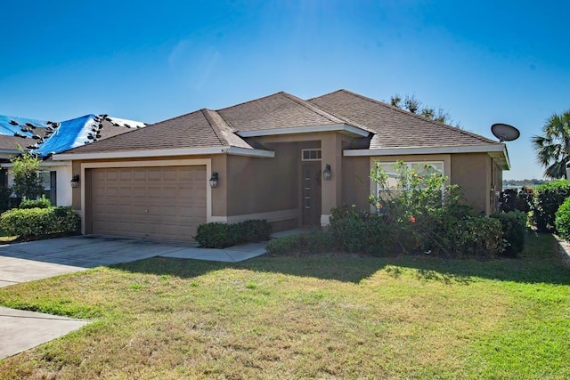 single story home with roof with shingles, driveway, an attached garage, stucco siding, and a front lawn