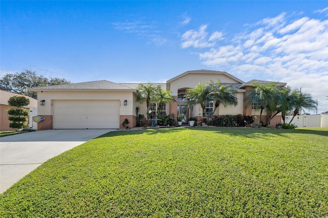 view of front of house featuring stucco siding, concrete driveway, an attached garage, a front yard, and fence